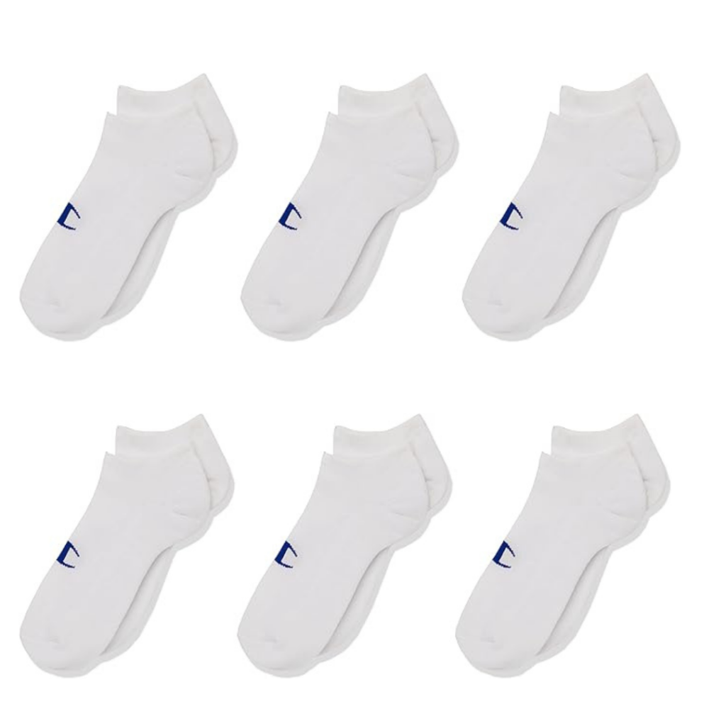 Product shot of six pairs of white Champion short socks for kids