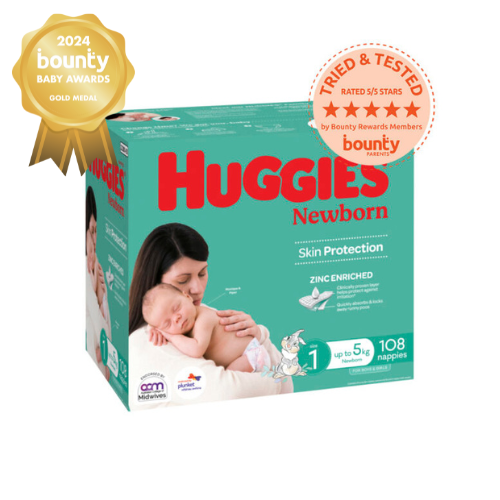 Product of Huggies Newborn 1 with a Gold Award badge from the Bounty Baby Awards 2024