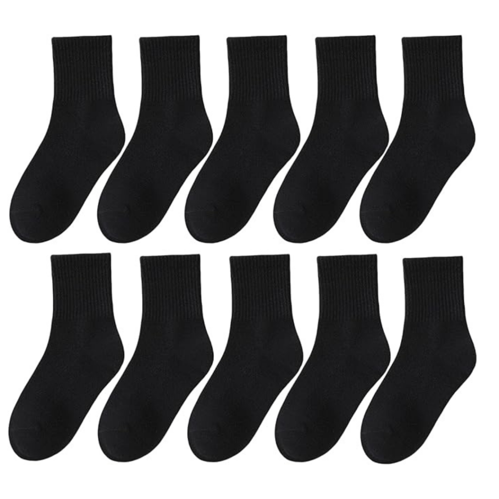 Product shot of 10 pairs of black cotton socks for kids