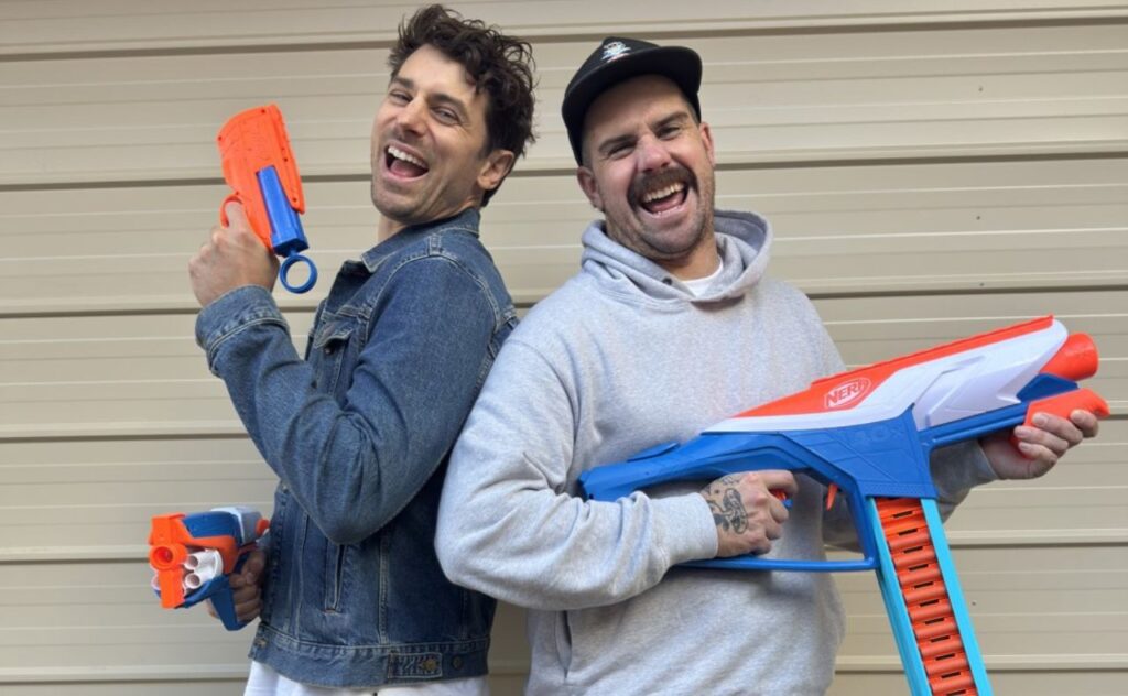 Matty J and Ash Wicks with NERF guns