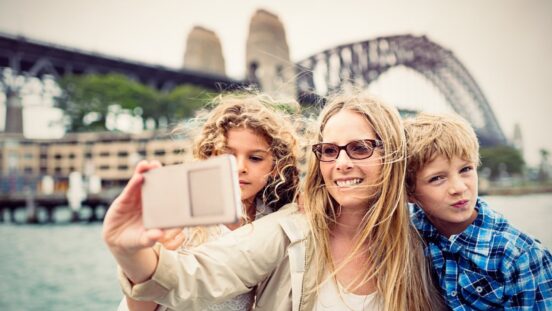 Mother holiday in Sydney, selfie with kids in front of Sydney Harbour Bridge