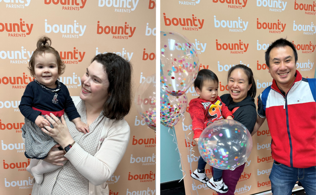 Images of mum and toddler, mum and dad and toddler, standing in front of the Bounty Parents media wall