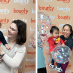 Casual images of mum and toddler, mum, dad and toddler against the Bounty Parents Marketplace event media wall