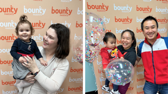 Casual images of mum and toddler, mum, dad and toddler against the Bounty Parents Marketplace event media wall