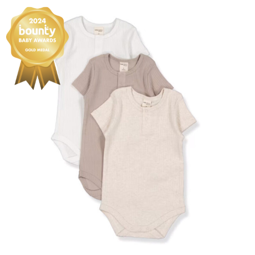 Product shot of Best & Less 3-pack of sleeveless organic baby vests with a Gold Bounty Baby Awards badge