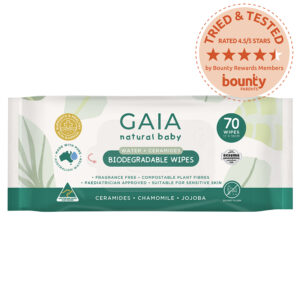 GAIA Natural Baby Biodegradable Water Wipes with 4.5 star rating Bounty Parents Trial Team Badge