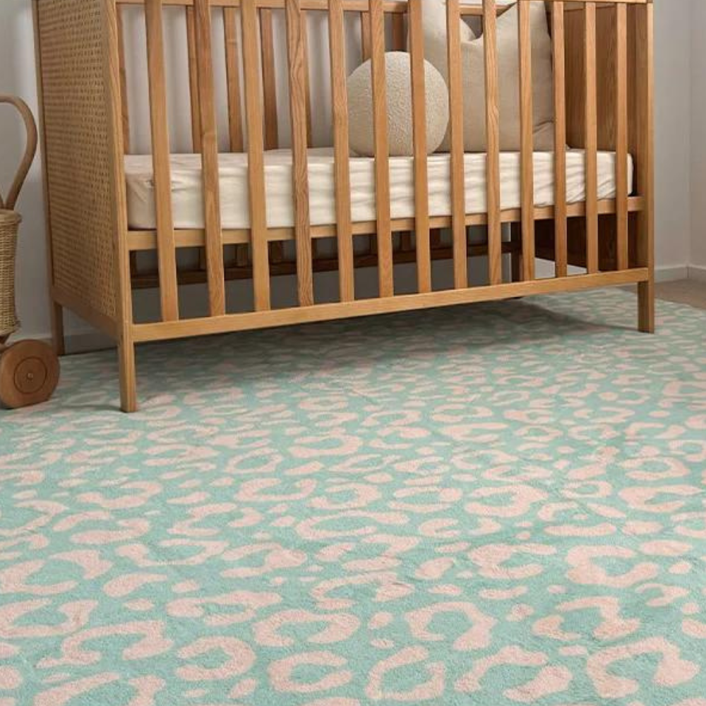 Esmeralda Pink and Mint Green Leopard Print Washable Rug
